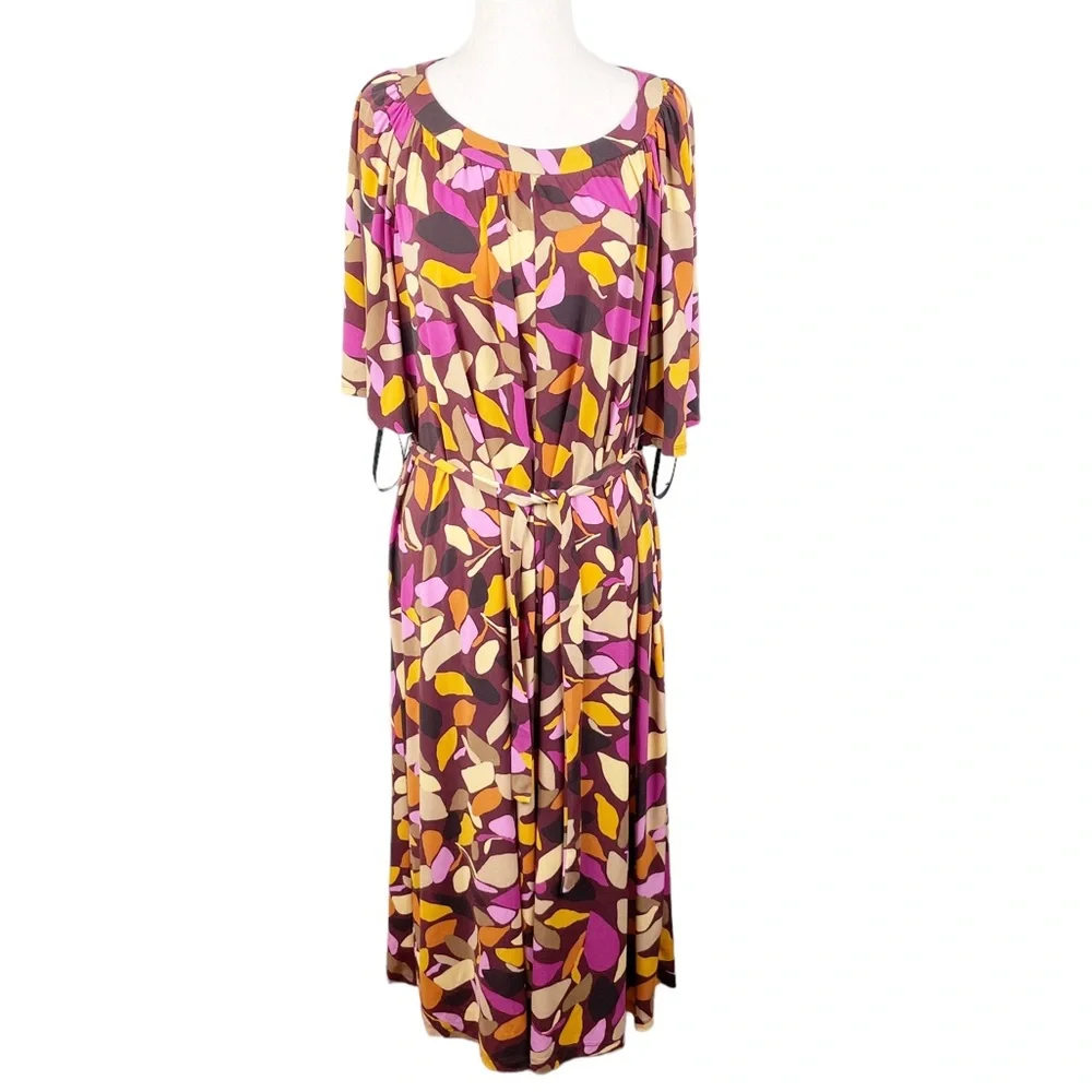 NEW Maggy London Women's Bell Sleeve Shirred Tent Dress Maroon Gold US Size 14 - Picture 2 of 12